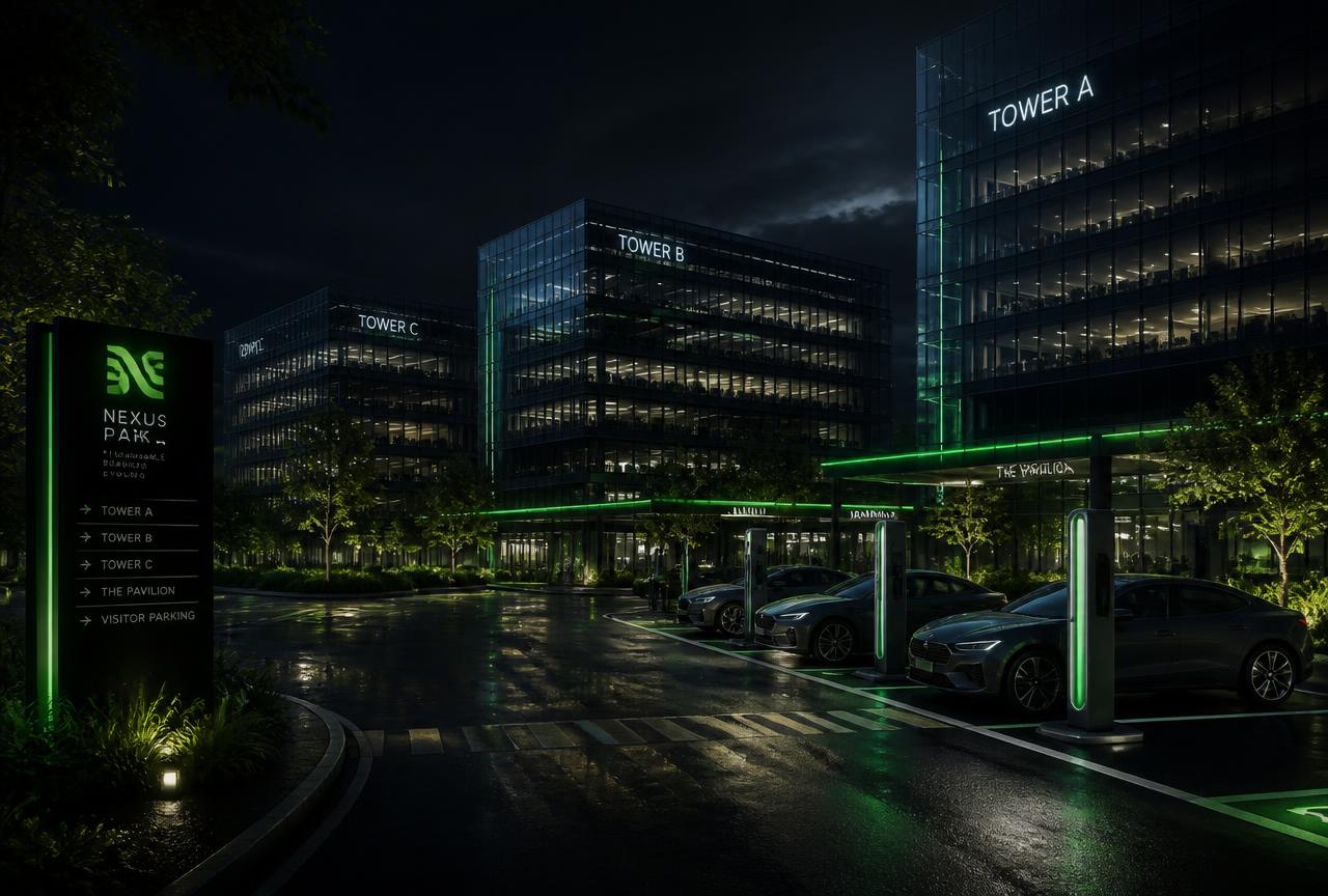 Night view of a business park with EV charging bays lit in green