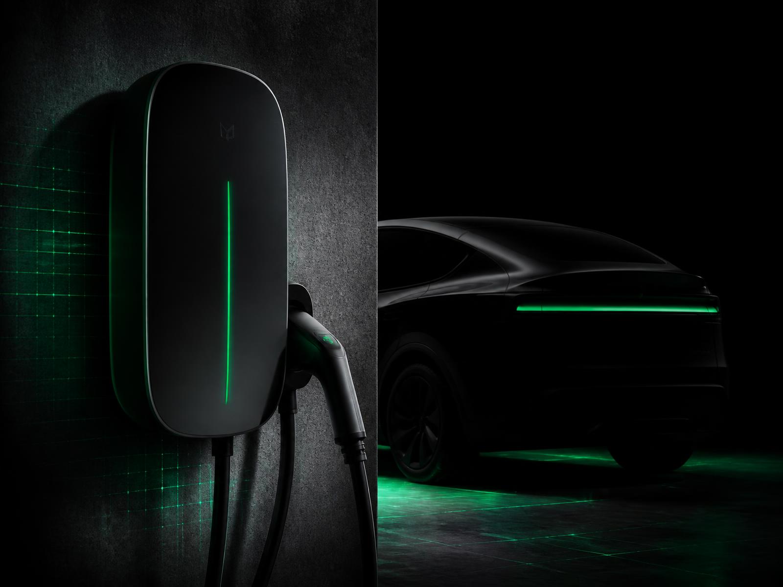 AXION CHARGE smart wall-mounted EV charger illuminated in neon green beside an electric car