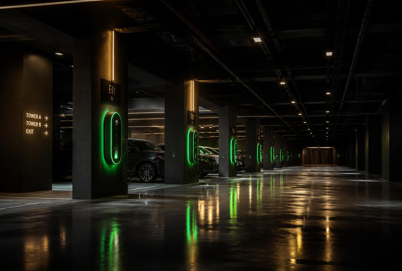 Illuminated EV charging bays in a modern apartment basement parking